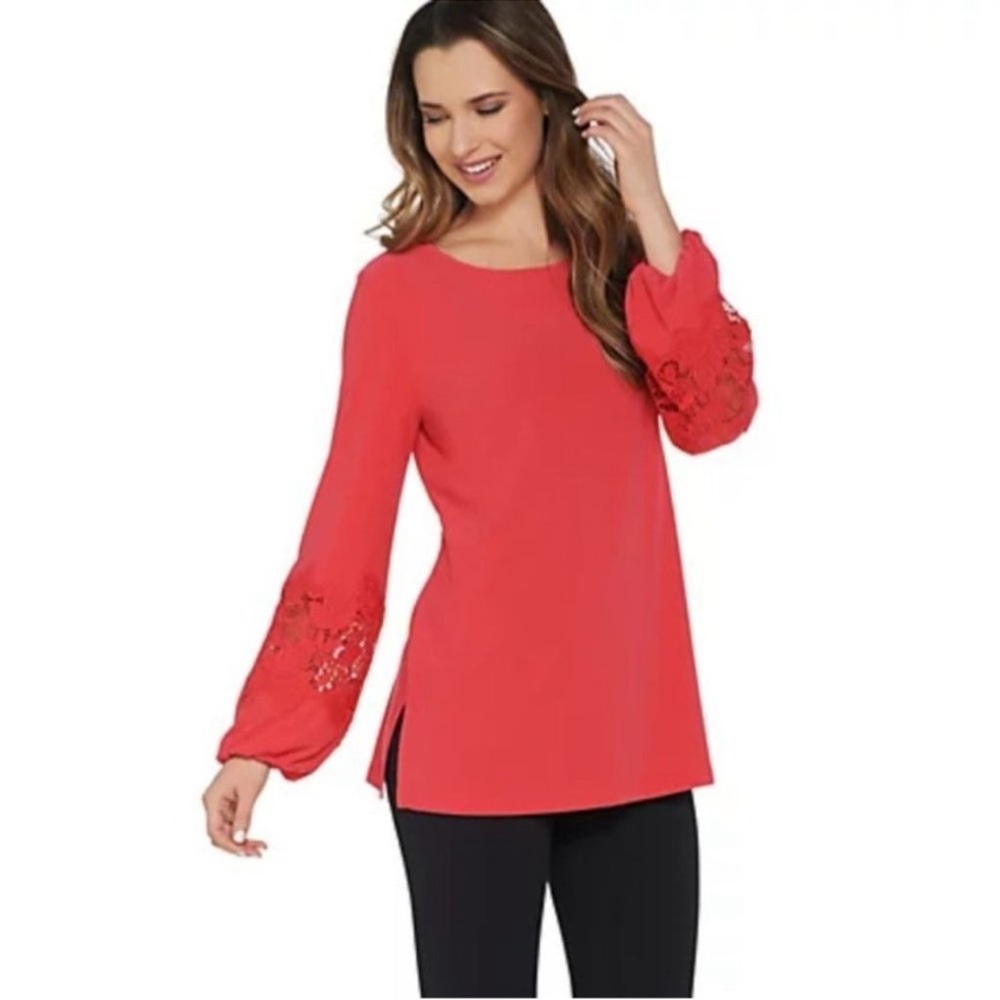 NWOT Dennis Basso Caviar Crepe Tunic w/ Lace- Trimmed Sleeves Large Coral